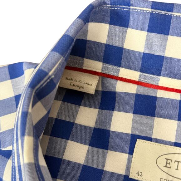 Eton Contemporary Mens Size 42/16.5 Long Sleeve Checkered Button Down Blue White - Picture 6 of 11